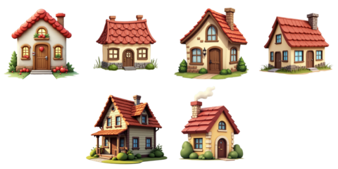 Collection of six cartoon-style houses featuring distinct architectural details and vibrant colors set on a transparent background suitable for various design applications