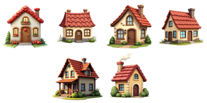 Collection of six cartoon-style houses featuring distinct architectural details and vibrant colors set on a transparent background suitable for various design applications