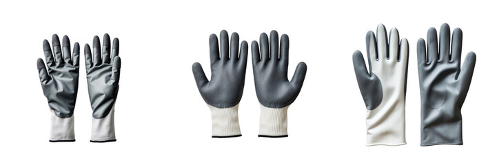 Obraz premium Pair of grey rubber cleaning gloves with textured palm and wrist cuffs isolated on a transparent background displaying a side-by-side comparison of glove design and style