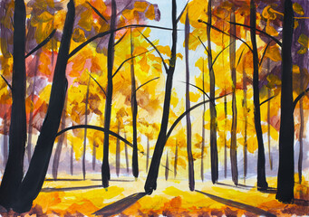 Expressive painting depicting a serene autumn forest scene, with golden foliage illuminating the trees and casting long shadows on the ground, creating a warm and inviting atmosphere