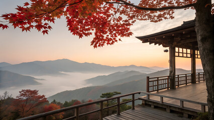 Traditional wooden terrace on the right side, overlooking a misty mountain valley at sunrise. Red maple leaves frame the top right corner, creating a serene and poetic autumn scene with soft pastel sk