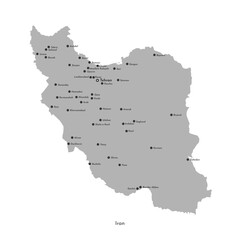Vector modern isolated illustration. Simplified administrative map of Iran. Names of capital, big cities and rown with nuclear objects. Grey shape