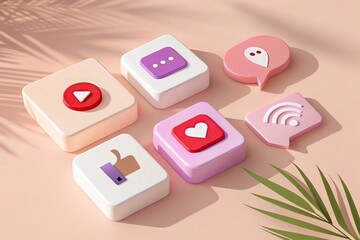 3D Social Media Icon Set with Like, Chat, Video, Location, Wifi, Heart on Pink