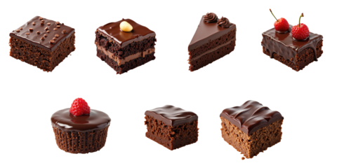 Assorted chocolate desserts including layered cake slice, brownie, cupcake, and chocolate squares, garnished with raspberries and decorative toppings on a transparent background.