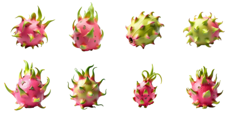 Collection of vibrant dragon fruit images against a transparent background showing multiple angles and perspectives highlighting unique texture and colors of the exotic fruit for food and health co...