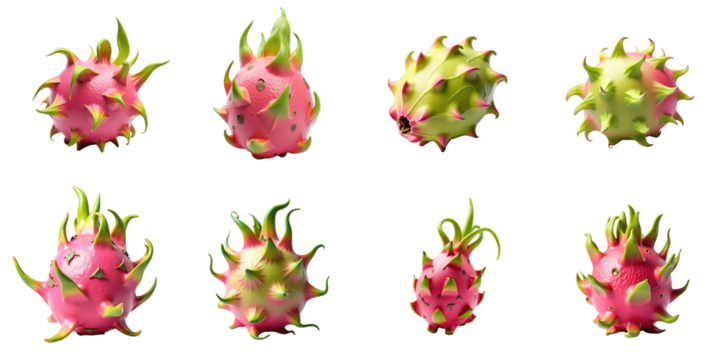 Collection of vibrant dragon fruit images against a transparent background showing multiple angles and perspectives highlighting unique texture and colors of the exotic fruit for food and health co...