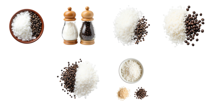 Variety of salt and pepper displayed in various bowls and containers on a transparent background, featuring coarse and fine textures with separate arrangements of each seasoning