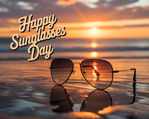 Stylish Sunglasses on a Beach at Sunset, Perfect for Happy Sunglasses Day. A pair of aviator sunglasses, with reflective orange-gold lenses, sits on the wet sand at the edge of the ocean.