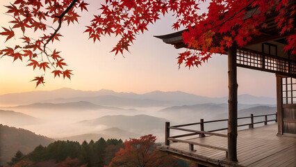 Traditional wooden terrace on the right side, overlooking a misty mountain valley at sunrise. Red maple leaves frame the top right corner, creating a serene and poetic autumn scene with soft pastel sk