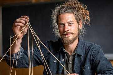 Man demonstrates skillful handiwork with elastic bands in a workshop setting during the day