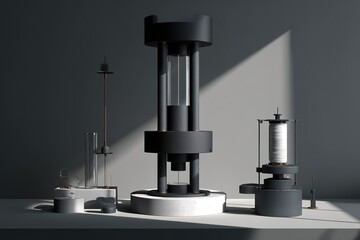 Modern scientific apparatus displayed on a minimalist surface during afternoon light in a contemporary laboratory setting