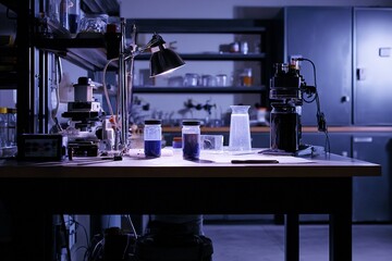 Laboratory workspace with glassware and equipment illuminated by a desk lamp during the evening hours