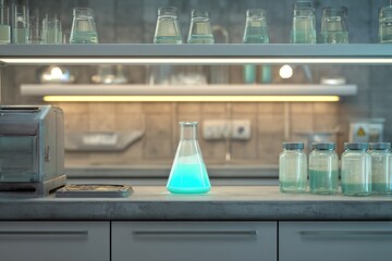 Laboratory setting showcasing chemical experiment with beaker filled with blue liquid on counter surrounded by glass jars