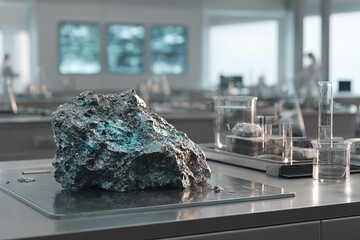 Rock sample analysis in a modern laboratory featuring various glassware and equipment
