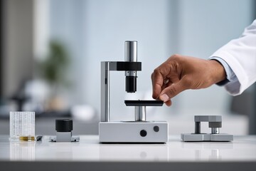 Lab technician examines a sample under a microscope in a modern research facility in the morning