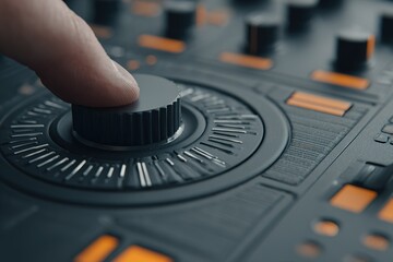 Adjusting the sound levels on a professional audio mixer in a music studio setting during a recording session