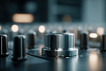 Close-up of a metallic knob on a mixing console showcasing detailed craftsmanship and lighting
