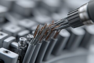 Close-up of a technician connecting wires in an industrial setting during a precision assembly process