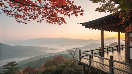 Traditional wooden terrace on the right side, overlooking a misty mountain valley at sunrise. Red maple leaves frame the top right corner, creating a serene and poetic autumn scene with soft pastel sk