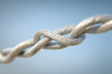 Strong metal wire twisted together in knots against a clear blue sky during daylight