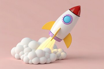 Cartoon Rocket Launching with White Clouds and Yellow Flames on Pale Pink Background