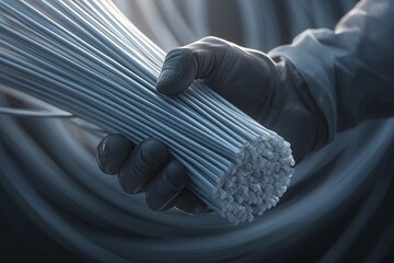 Hand holding a bundle of thin wires, showcasing intricate details in a well-lit workspace environment