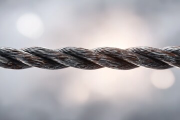 Metal wire rope twisted together with shiny strands reflecting light in a soft focus backdrop