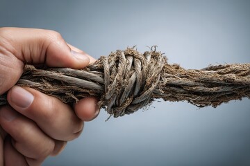 Strong hand gripping a worn rope knot against a smooth gradient background in an indoor setting