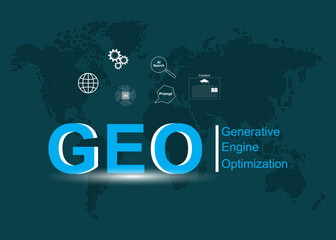 Generative Machine Optimization Concept. GEO word with search icon and content. To improve website's ranking.