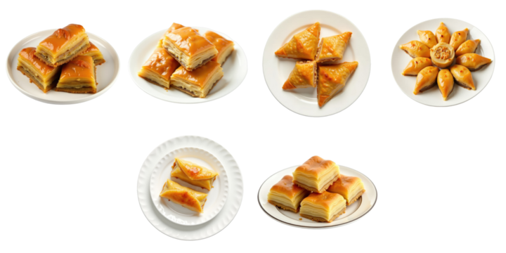 Assorted Turkish baklava desserts displayed on various plates featuring unique shapes and layers, isolated on a transparent background for emphasis on each pastry type.