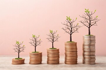 Coins Stacks with Trees and Green Leaves Growth on Top on Pink Background
