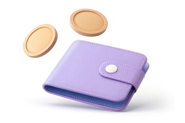 Falling Coins with Lilac Wallet Isolated on White Background, Finance Concept