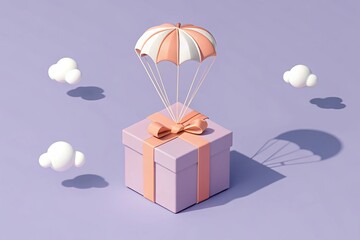 Gift box with peach ribbon descending by a parachute among clouds on purple