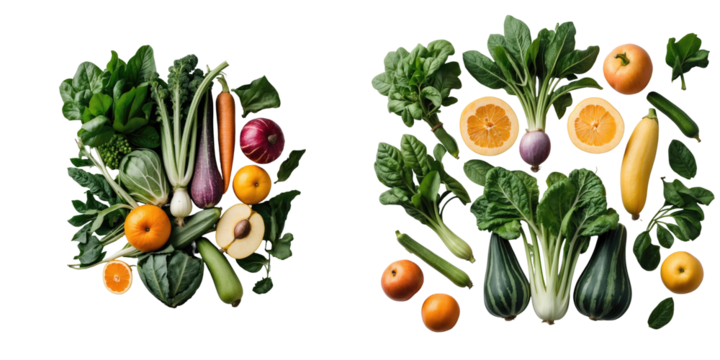 Assortment of organic fruits and vegetables including oranges, zucchinis, spinach, and eggplants arranged on a transparent background for culinary and health-themed presentations