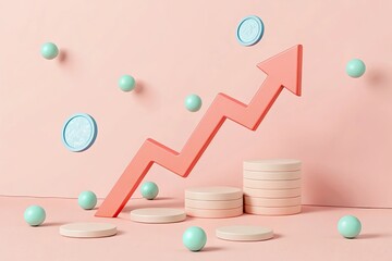 Growth Arrow Trending Up Over Pastel Cylinders with Floating Coins and Spheres