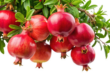 Ripe Pomegranates Hanging from a Branch with Green Leaves on White Background