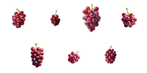 various clusters of ripe red grapes on a transparent background isolated from each other showcasing different sizes and shapes suitable for food and beverage design projects
