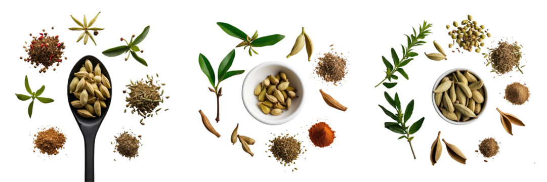Assorted Organic Spices and Herbs on transparent Background Including Siam Cardamom, Amomum krervanh, and Various Seeds in a Bowl and Spoon Arrangement