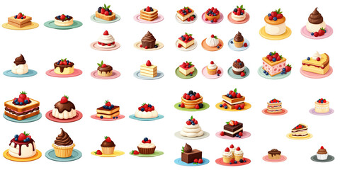 Collection of assorted homemade desserts and cakes featuring fresh berries including pavlova, chocolate ice cream, cupcakes, and layered cakes arranged on various colorful plates isolated on transp...