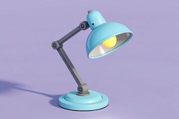 Light Blue Desk Lamp with Adjustable Arm and Glowing Bulb on Purple Background