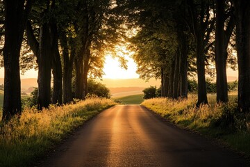 Tree tunnel with glowing sunset rays