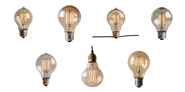 Assorted collection of vintage retro light bulbs displayed on a transparent background featuring various shapes and designs with glowing filaments