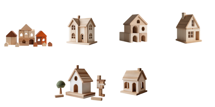Wooden toy house blocks collection on transparent background featuring multiple designs and colors including small detailed structures and trees