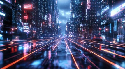 Naklejka premium Cyberpunk Cityscape: Neon Lights and Rain-slicked Streets