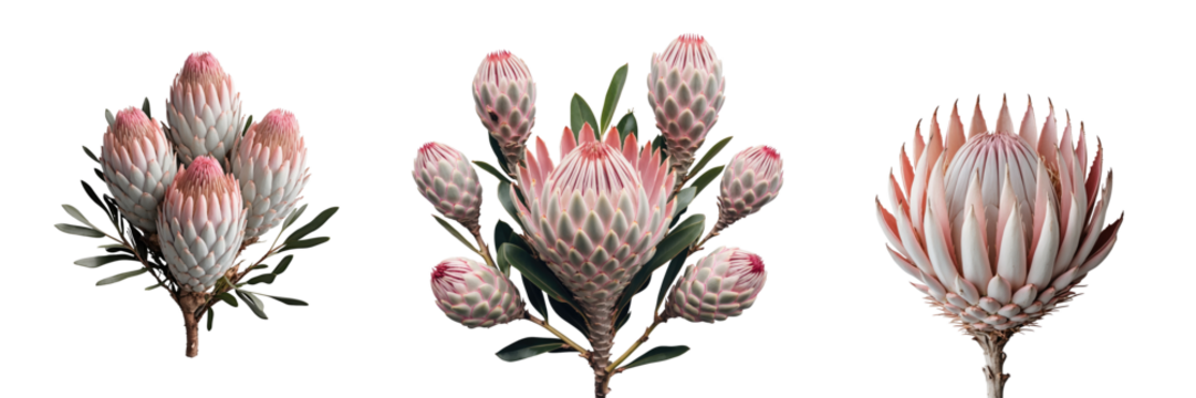 Pale pink long lasting Protea flowers in various stages of bloom with green leaves on transparent background attracting pollinators with intricate textures and details