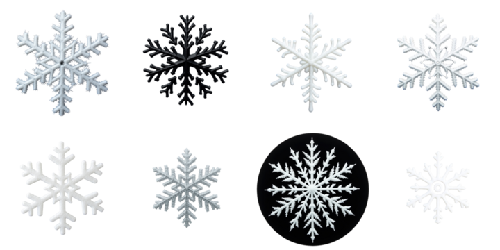 Collection of eight distinct snowflake designs isolated on transparent background showcasing intricate details and various shapes suitable for use in graphic design and seasonal projects. - Powered by Adobe