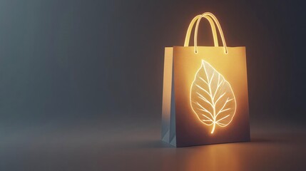 glowing eco paper bag on a soft dark background with leaf-shaped light elements, symbolizing nature, recycling, and organic packaging design