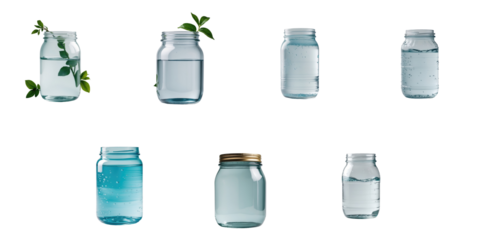 Various transparent jars filled with water in different states and conditions isolated on a transparent background with a focus on the unique textures and characteristics of the water.