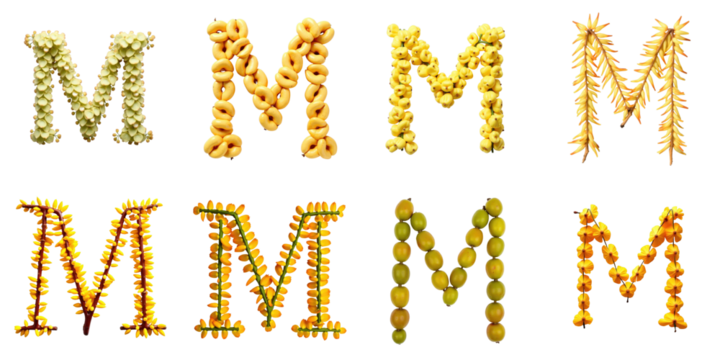 Alphabet letter M created using various arrangements of Leucaena leucocephala flowers on a transparent background featuring multiple styles and colors of the flower arrangement