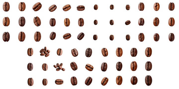 Collection of assorted coffee beans arranged in various orientations on a transparent background highlighting rich brown colors and diverse shapes of the beans.